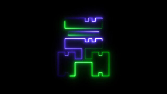 Glowing neon castle icon with purple and green light lines on a dark black background