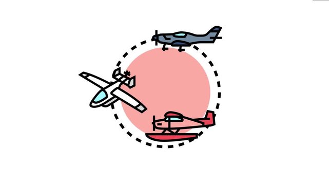 Narrow body aircraft icons displaying different types of propeller planes and seaplanes, representing general aviation, travel, cargo delivery, and pilot training concepts