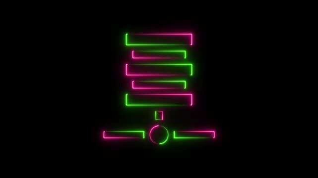 Neon glowing server icon with data cloud storage symbol in pink and green light on a black background