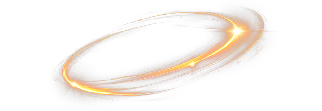Golden glow light ring with luminous curved trails and sparkles PNG overlay, on transparent background