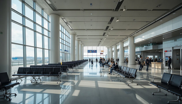 People waiting in a modern terminal building with large windows