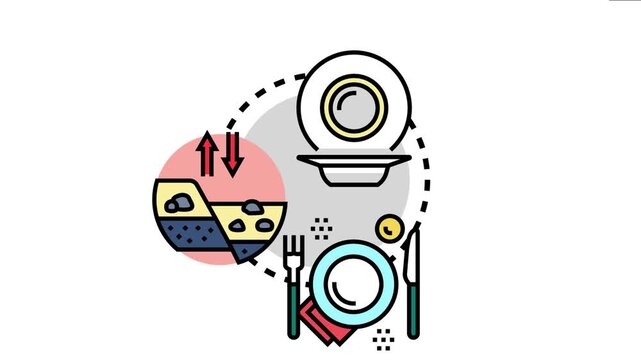 Icons conceptual plate tectonics with upward and downward movement, alongside dinnerware for serving meals and dining settings, representing various forms of plates