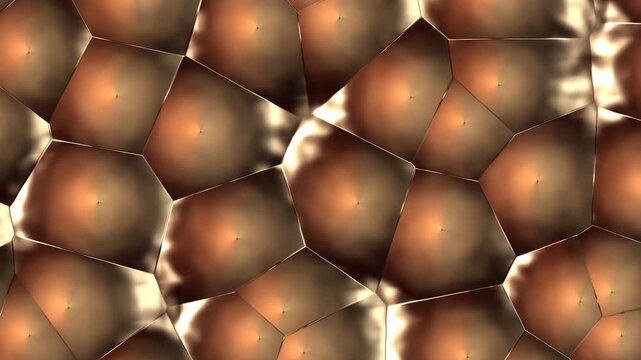 Metallic liquid cell structure background, abstract bronze Voronoi pattern animation, shiny organic metallic surface loop