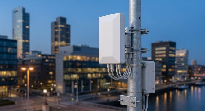 5G antenna small cell telecommunications transmitter on city pole. Professional wireless network infrastructure for high-speed mobile internet and smart city connectivity.