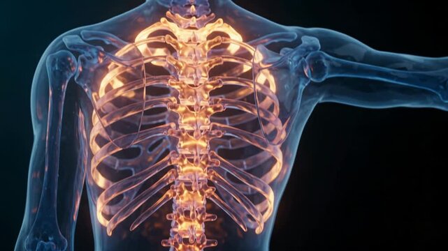 Close-up medical animation of a translucent blue human skeletal system showing the spine and ribs against a black background.
