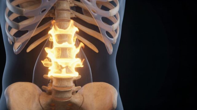 Medical video footage of a 3D human skeleton model showing the spine and ribs with glowing intervertebral discs.