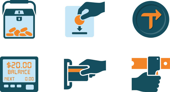 Flat vector icon set for public transport payment and ticketing, automated fare collection system icons, credit card and coin transaction symbols