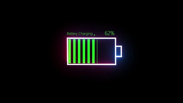 Battery icon fully charged saber animation on black background.It provides a complete visual representation through animations of the battery charging process, ranging from 0% to a full 100% charge.