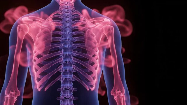 A 3D medical animation of the human skeletal system highlighting the spine and rib cage in blue on a black background.