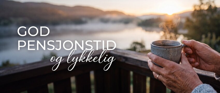 Senior hands holding coffee mug on wooden balcony overlooking scenic misty lake mountain landscape at sunrise with Norwegian text God Pensjonstid og lykkelig representing happy peaceful retirement.