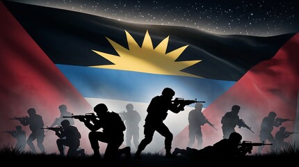 Obraz premium Military soldier silhouettes with rifles against Antigua and Barbuda flag under starry night sky background