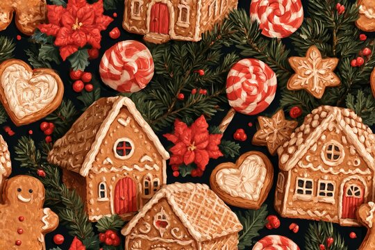 Seamless Christmas bakery pattern with gingerbread houses, gingerbread men, iced cookies and peppermint candies, hand painted gouache in caramel brown, white, red and evergreen