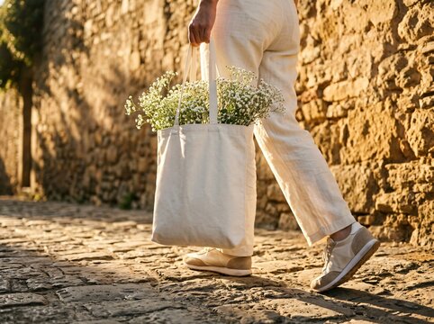 Person carrying reusable bag filled with flowers outdoors