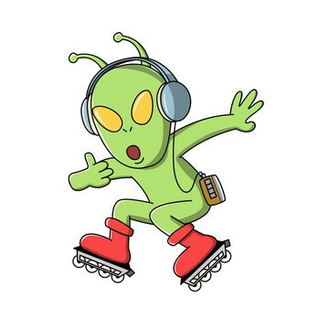 Cute green alien cartoon character roller skating while listening to music with headphones vector illustration