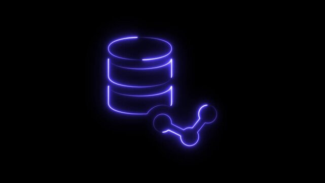 Neon blue database icon with connection symbol representing data sharing and cloud storage technology