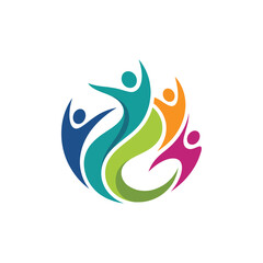 Obraz premium An engaging logo depicting joyful figures in vibrant colors, representing community collaboration, wellness, and support, emphasizing the importance of unity and togetherness.