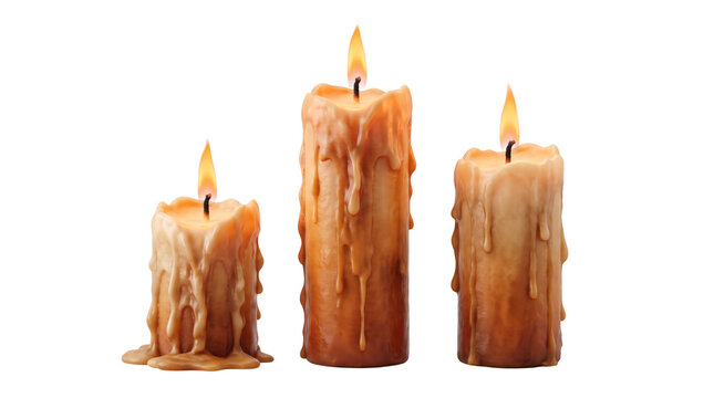 Three burning rustic wax candles for halloween decoration.