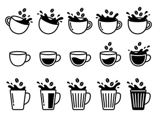 Obraz premium Coffee Cup Icons Set with Liquid Splashes and Coffee Beans, Minimalist Black and White Vector Illustration for Cafe Branding, Menu Design, and Morning Coffee Concepts