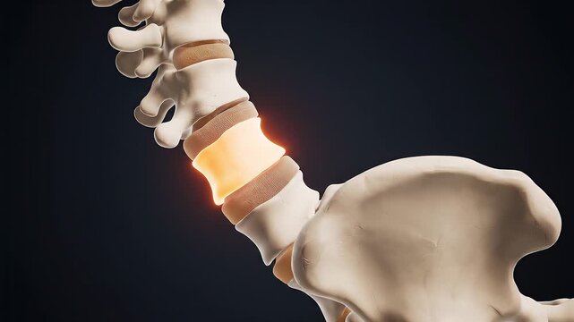 Medical illustration of a human lumbar spine with a highlighted painful disc, showing lower back pain or injury.