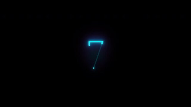 Glowing neon blue digital number seven grid on black background