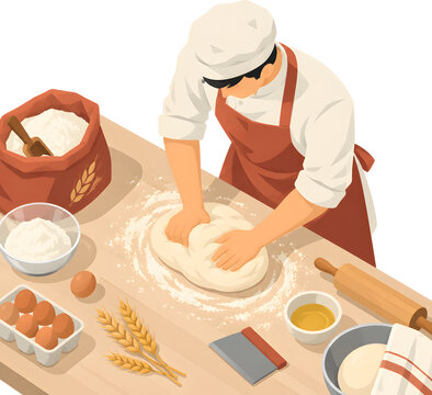 2D flat vector illustration of male baker kneading dough on table with flour and ingredients
