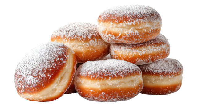 Stack of freshly baked sufganiyot doughnuts dusted with powdered sugar representing traditional sweet Hanukkah dessert and holiday treat isolated on white background