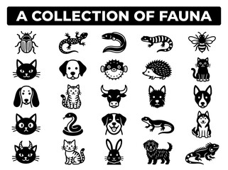 Obraz premium Collection of Fauna: 25 Minimalist Black Animal Icons and Symbols Featuring Pets, Wildlife, and Reptiles