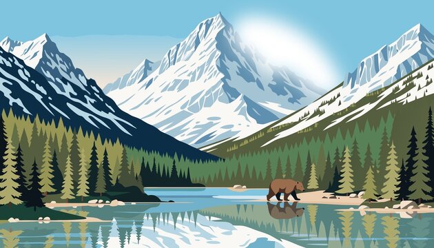 Scenic alpine lake surrounded by snowy mountains and pine forest with wildlife and clear water reflections