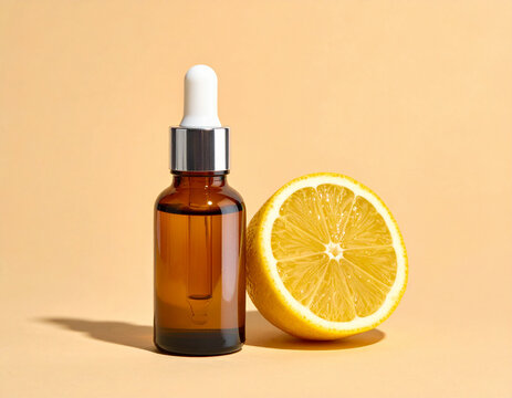 Minimal serum bottle with fresh lemon slice on pale yellow backgroun