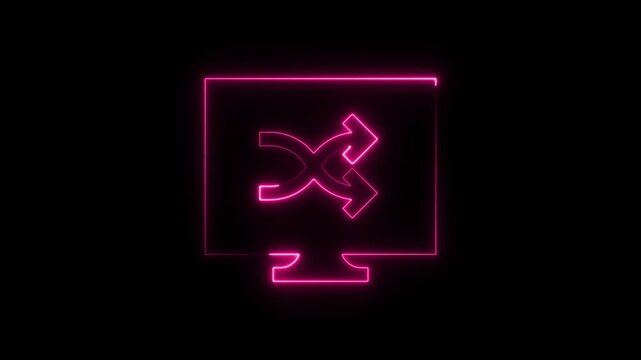 Glowing pink neon shuffle icon on a computer monitor display screen