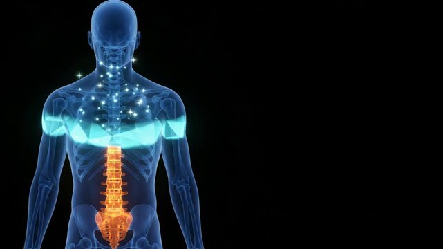 Medical 3D animation of a human torso showing a glowing orange spine and blue highlights on a black background.