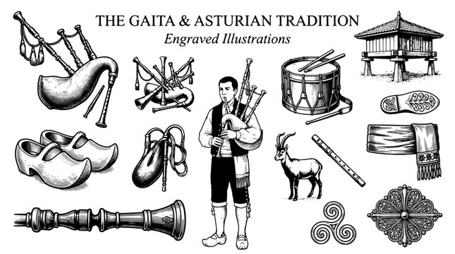 Engraved illustration of the gaita and Asturian tradition showcasing musical instruments and attire