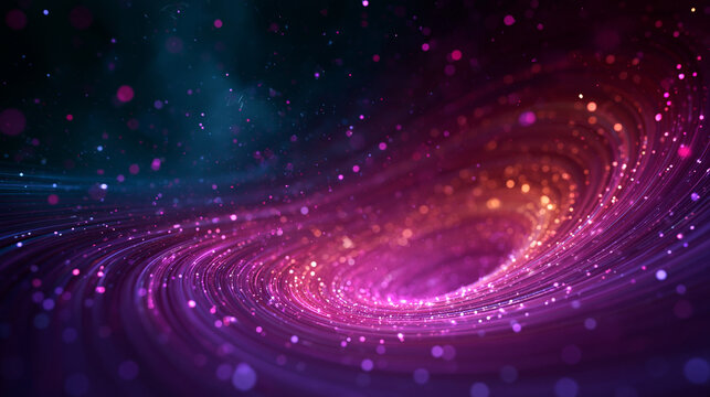 Abstract cosmic vortex of glowing magenta particles and ethereal light trails represents digital space energy background.
