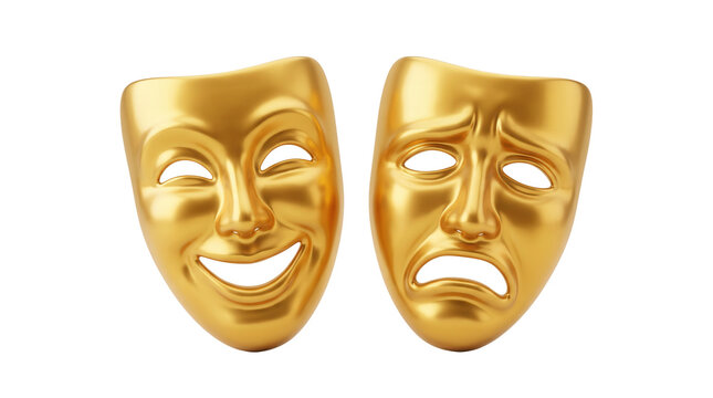 Two golden theatrical masks representing comedy and tragedy symbolizing drama and human emotions isolated on transparent background
