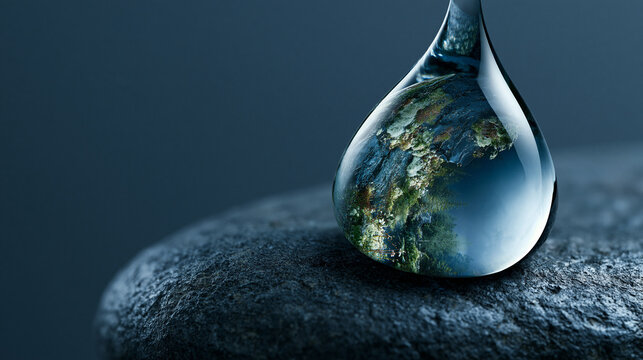 Abstract crystal drop containing textured stone surface with mossy greenery for zen meditation and wellness background.