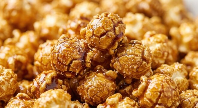 Close-up of delicious golden caramel popcorn with sweet sugar glaze and crunchy texture, perfect gourmet movie snack or dessert background, macro shot of caramelized kernels for food concept.