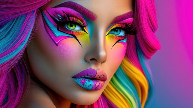 Highly stylized beauty portrait with multicolored hair bold geometric eye makeup dramatic lashes and two tone lipstick Concept of fantasy fashion