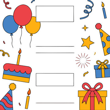 Colorful Birthday Party Elements with Blank Note Spaces for Event Planning and Celebration Notes