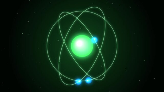 Abstract atomic particle orbital motion glowing green nucleus with blue electrons rotating in dark space