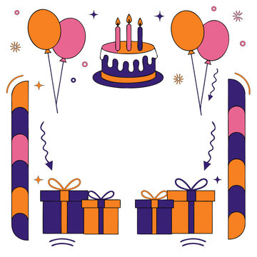 A festive birthday party frame illustration featuring colorful balloons, a decorated cake, and wrapped presents