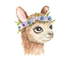 Cute watercolor llama - cute little alpaca with floral crown, blue purple flowers, green leaves. Illustration for nursery, baby shower, children card. © NATALIA
