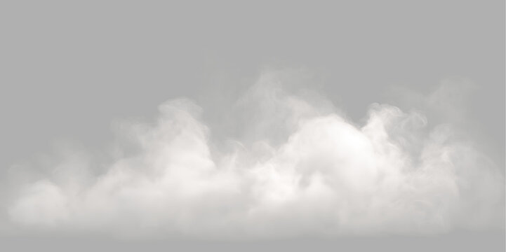 Horizontal white fog or ground smoke layer on transparent background. Realistic mist, haze, and steam overlay effect