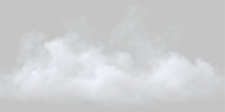 Realistic white fog and mist isolated on transparent background. Atmospheric smoke cloud overlay effect for design