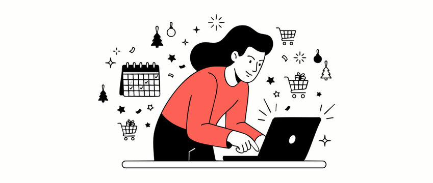 Christmas online shopping woman laptop using laptop computer holiday sales planning e-commerce vector illustration festive seasonal shopping calendar gifts cart promotion web banner flat design graphi