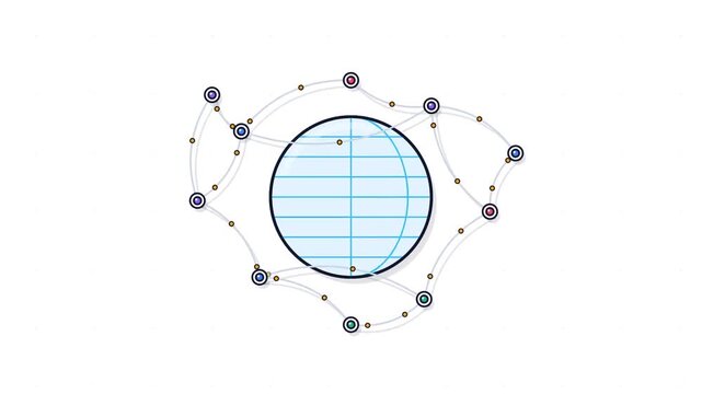 1080p 10s Seamless Loop Minimalist Flat 2D Global Communication Network Rotating Globe Data Nodes Pure White Background