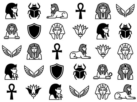 Ancient Egyptian Symbol Collection: Minimalist Black and White Icons of Pharaohs, Sphinx, Ankh, Scarab, and Lotus for Tattoo and Logo Design