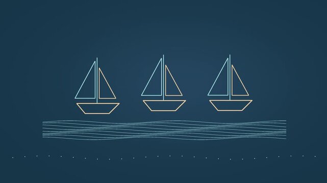 Stylized sailboats bobbing on flowing ocean waves animation, nautical maritime voyage concept