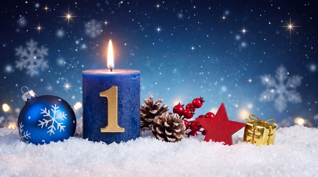 first sunday of advent blue candle with golden metal number red decoration one on wooden planks in snow front of silver panorama bokeh background