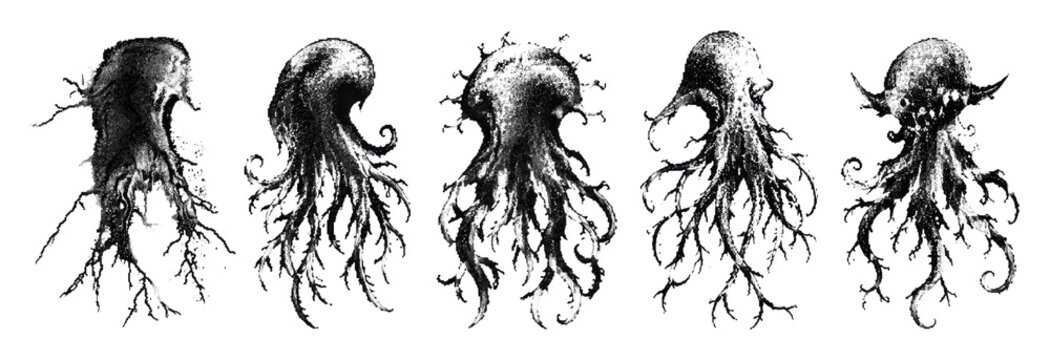PNG Monochrome octopus tentacle botanical illustration