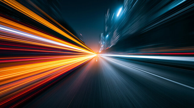 Abstract motion blur streaks of orange and white light on dark asphalt highway during fast nighttime urban city traffic.